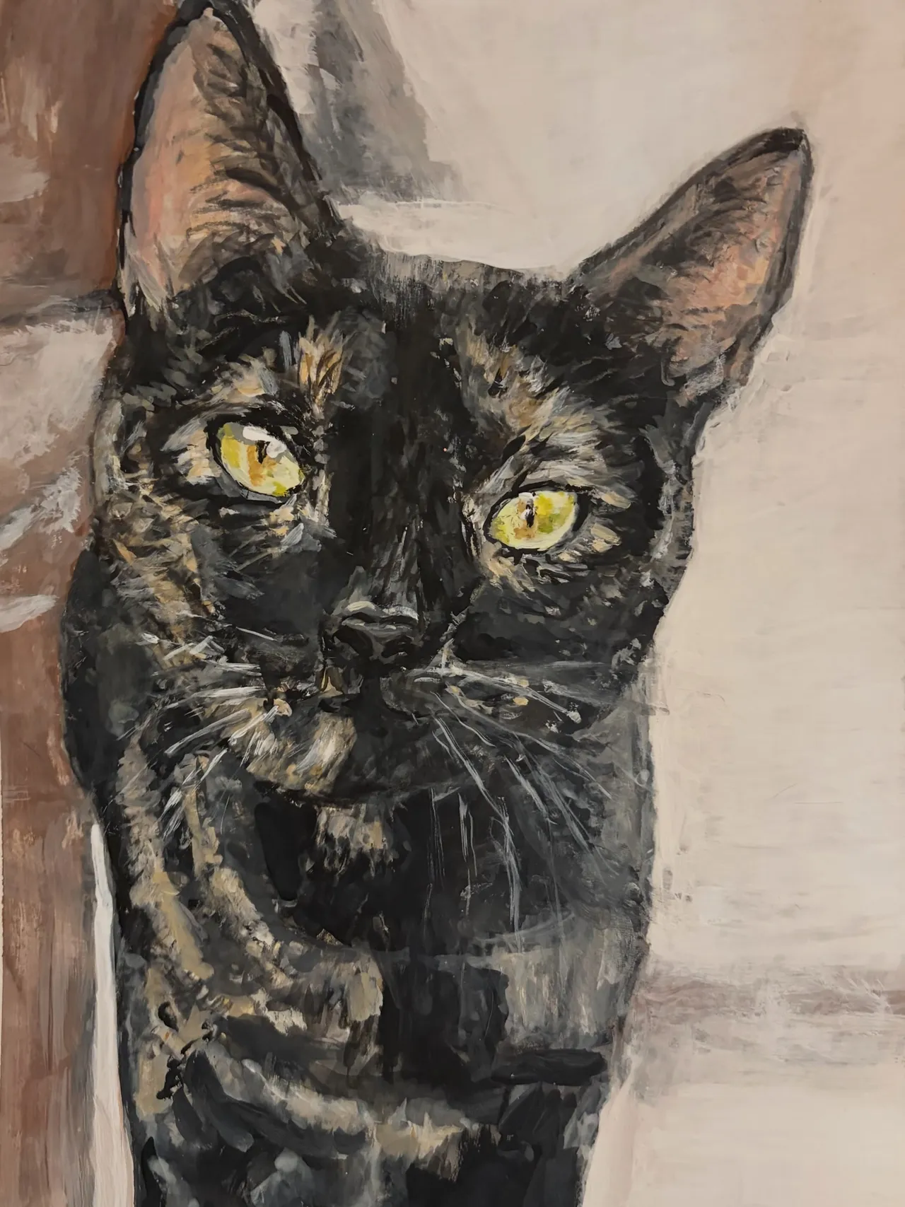 Gemälde einer dunklen Katze mit gelben Augen, die frontal aus dem Bild blickt, vor hellem Hintergrund.