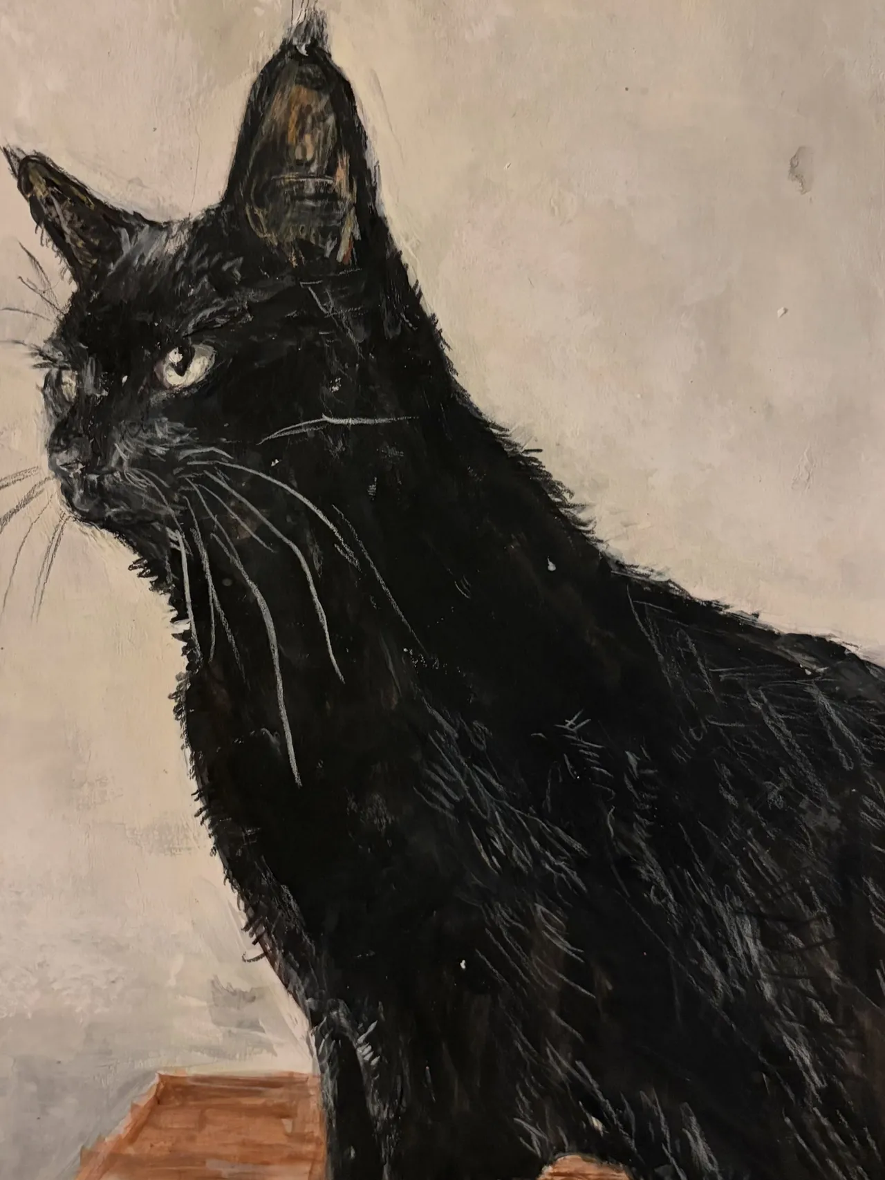 Gemälde einer schwarzen Katze im Profil mit hellen Schnurrhaaren, vor hellem Hintergrund.