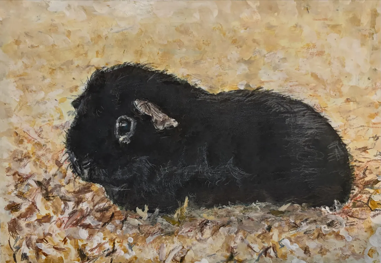 Gemälde eines schwarzen Meerschweinchens, das auf hellem Stroh sitzt.