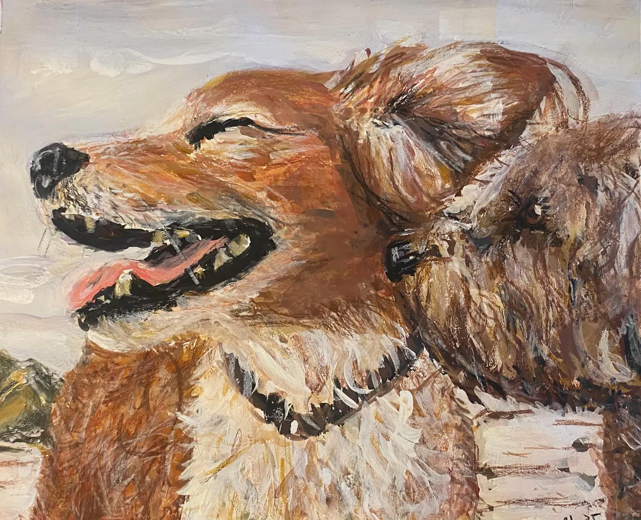 Gemälde zweier rotbrauner Hunde; der vordere hat die Augen geschlossen und lässt die Zunge heraushängen.